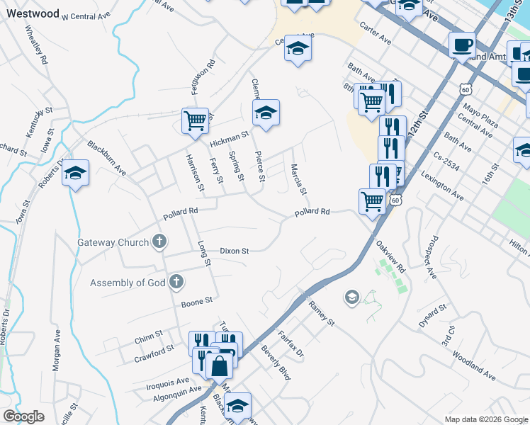 map of restaurants, bars, coffee shops, grocery stores, and more near 504 Pollard Road in Ashland