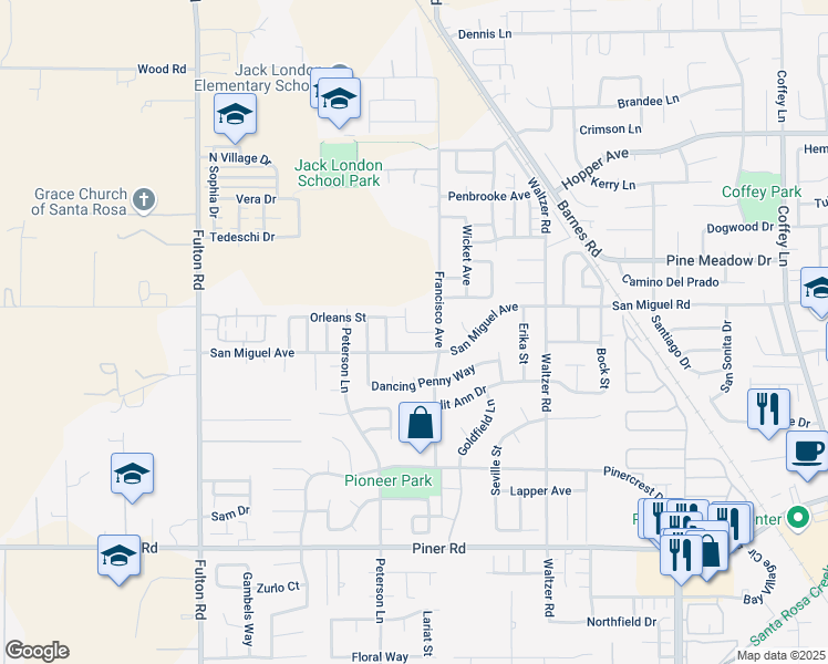 map of restaurants, bars, coffee shops, grocery stores, and more near 2181 Francisco Ave in Santa Rosa