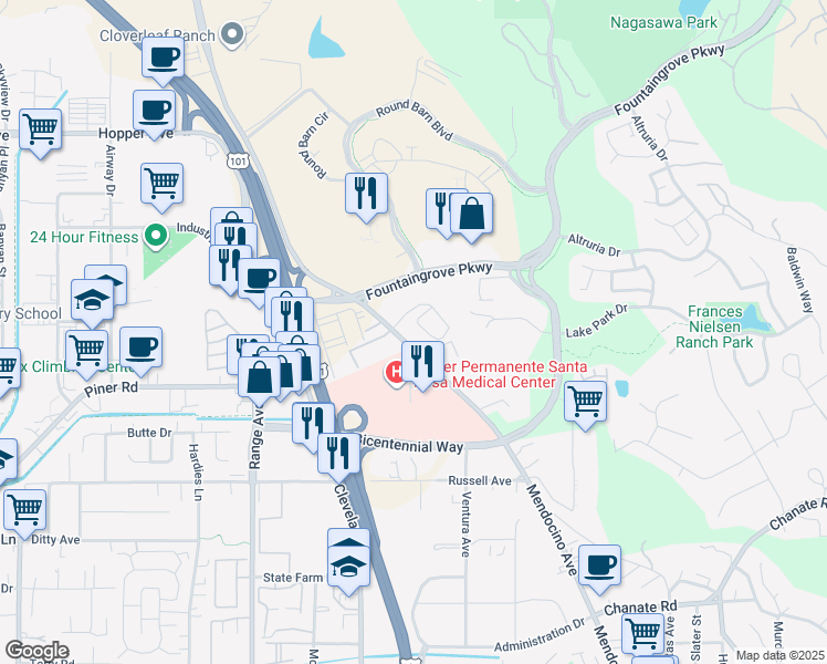 map of restaurants, bars, coffee shops, grocery stores, and more near 3536 Mendocino Avenue in Santa Rosa