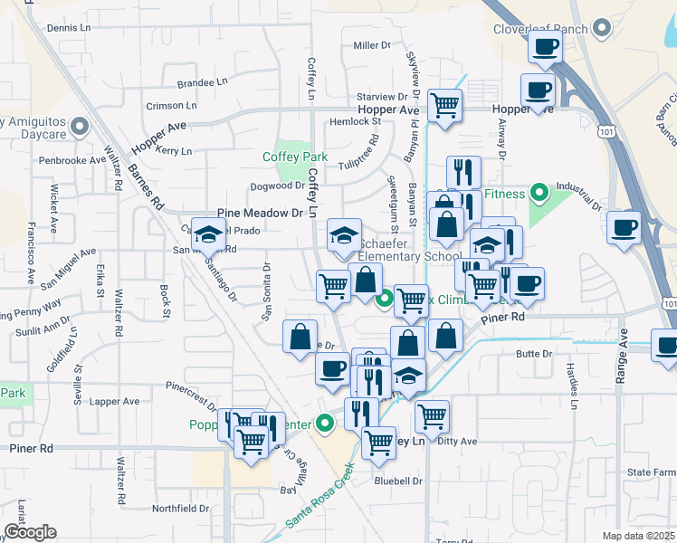 map of restaurants, bars, coffee shops, grocery stores, and more near 3450 Coffey Lane in Santa Rosa