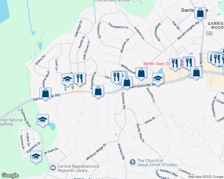 map of restaurants, bars, coffee shops, grocery stores, and more near 572 Garrisonville Road in Stafford