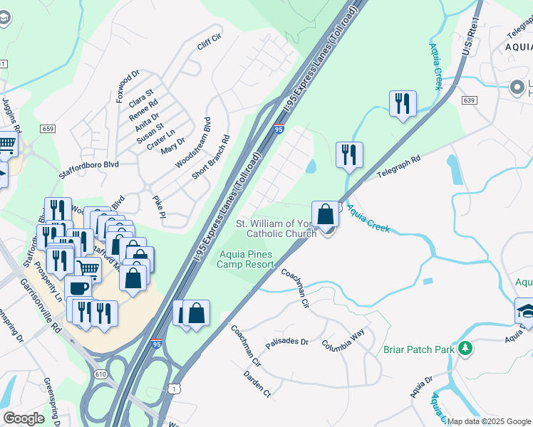map of restaurants, bars, coffee shops, grocery stores, and more near 109 Breakers Edge Court in Stafford