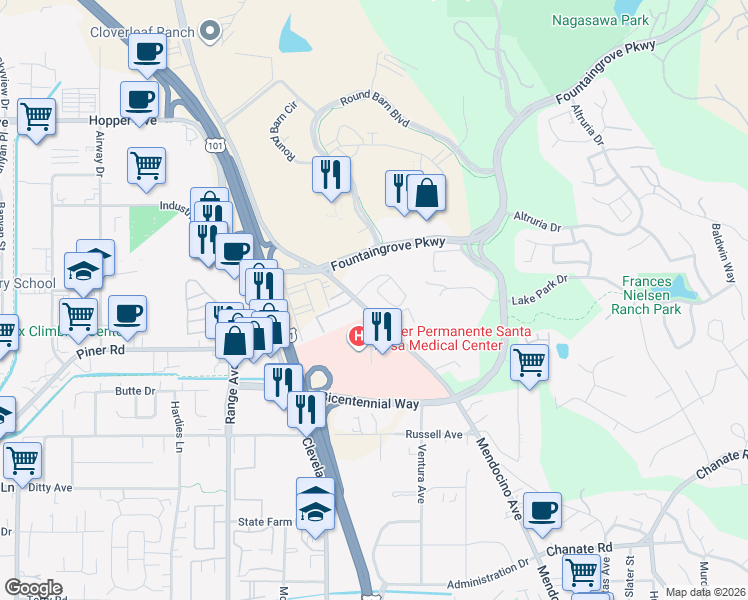 map of restaurants, bars, coffee shops, grocery stores, and more near 403 Paramount Street in Santa Rosa