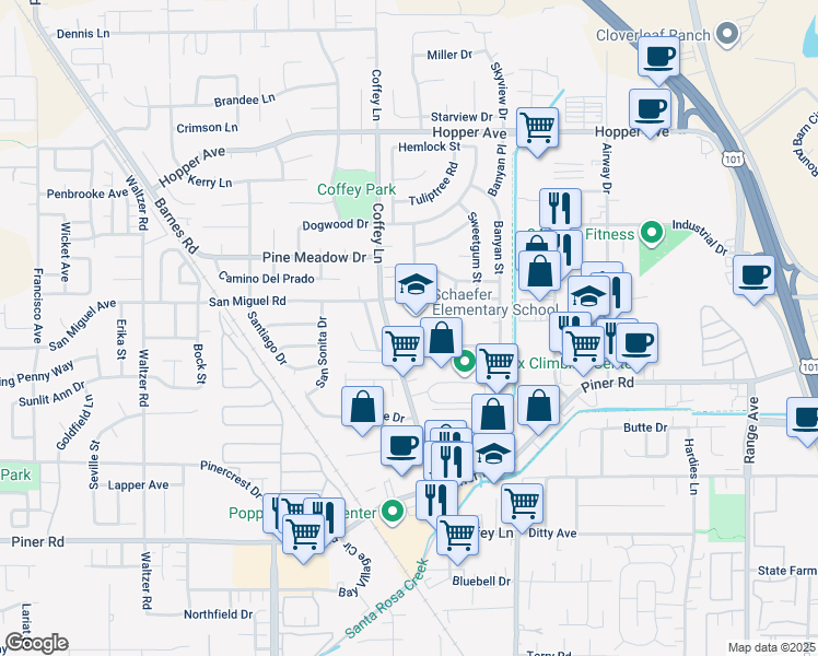 map of restaurants, bars, coffee shops, grocery stores, and more near 3450 Coffey Lane in Santa Rosa