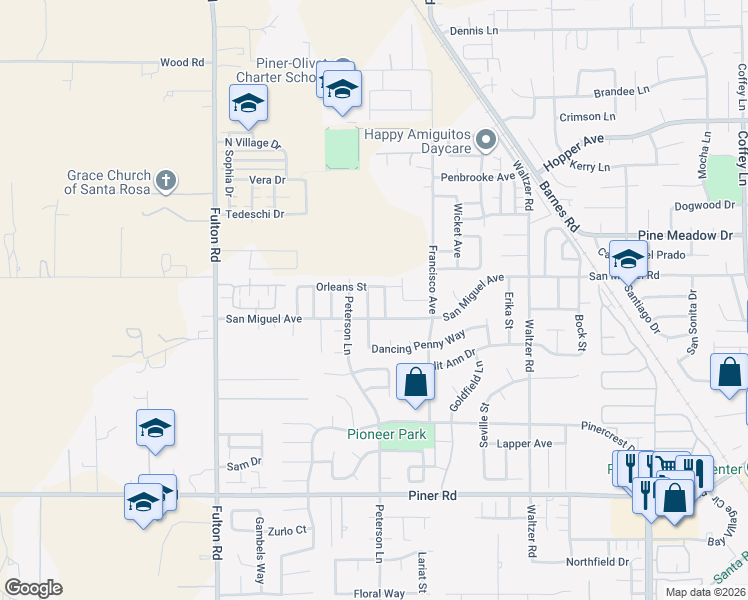 map of restaurants, bars, coffee shops, grocery stores, and more near 2308 Dancing Penny Way in Santa Rosa