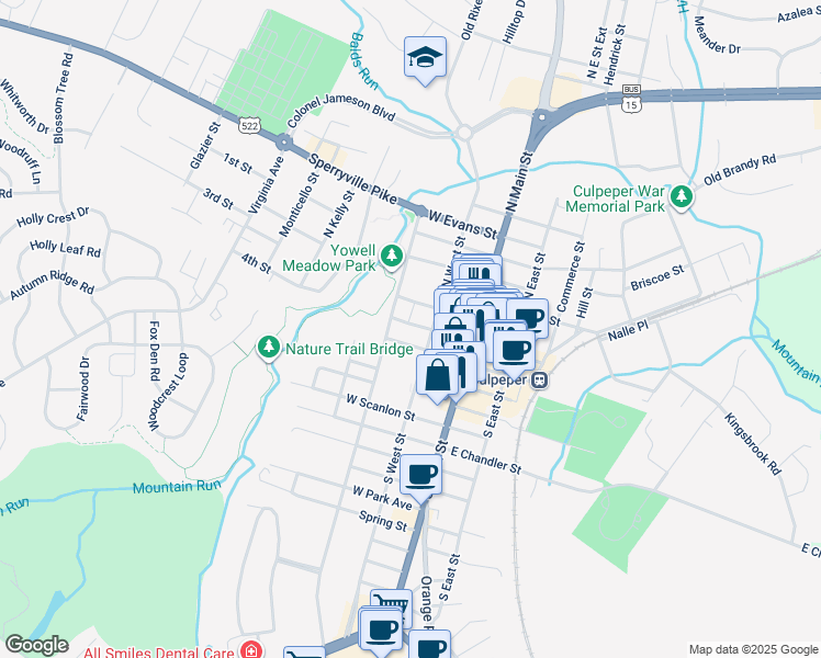 map of restaurants, bars, coffee shops, grocery stores, and more near 209 West Davis Street in Culpeper