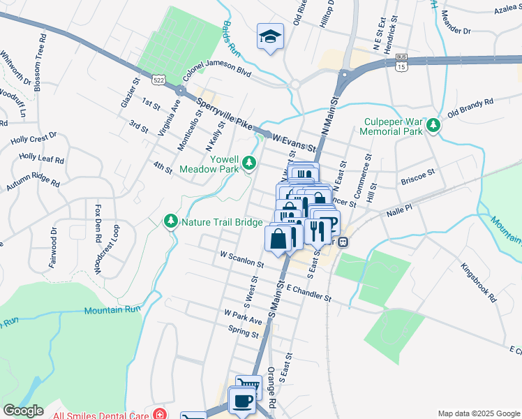 map of restaurants, bars, coffee shops, grocery stores, and more near 209 West Davis Street in Culpeper