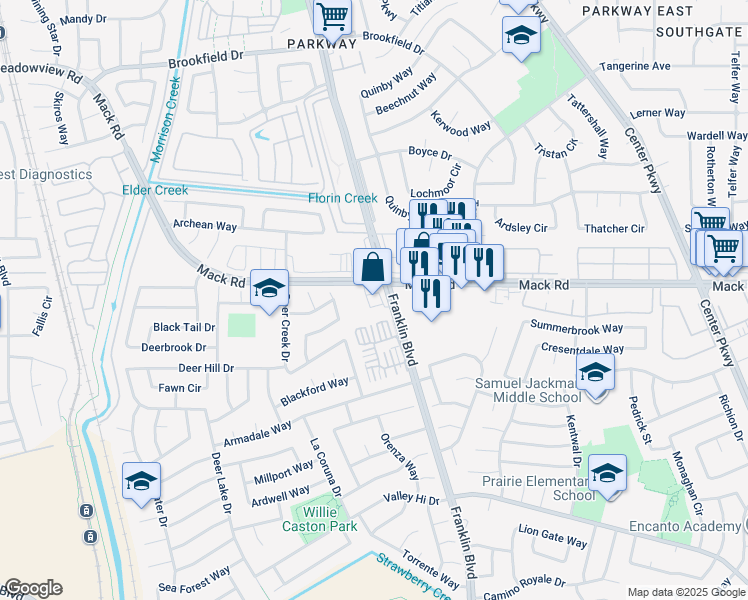 map of restaurants, bars, coffee shops, grocery stores, and more near 4500 Mack Road in Sacramento