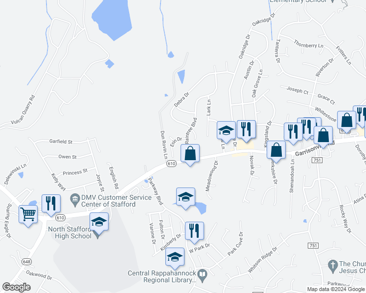 map of restaurants, bars, coffee shops, grocery stores, and more near 106 Raintree Boulevard in Stafford