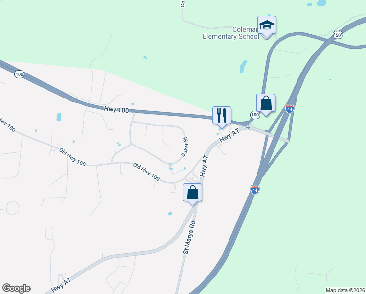 map of restaurants, bars, coffee shops, grocery stores, and more near 206 Baker Street in Villa Ridge