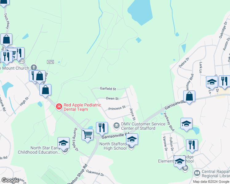 map of restaurants, bars, coffee shops, grocery stores, and more near 22 Garfield Street in Stafford