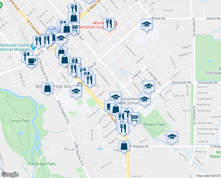 map of restaurants, bars, coffee shops, grocery stores, and more near 800 South Uncompahgre Avenue in Montrose