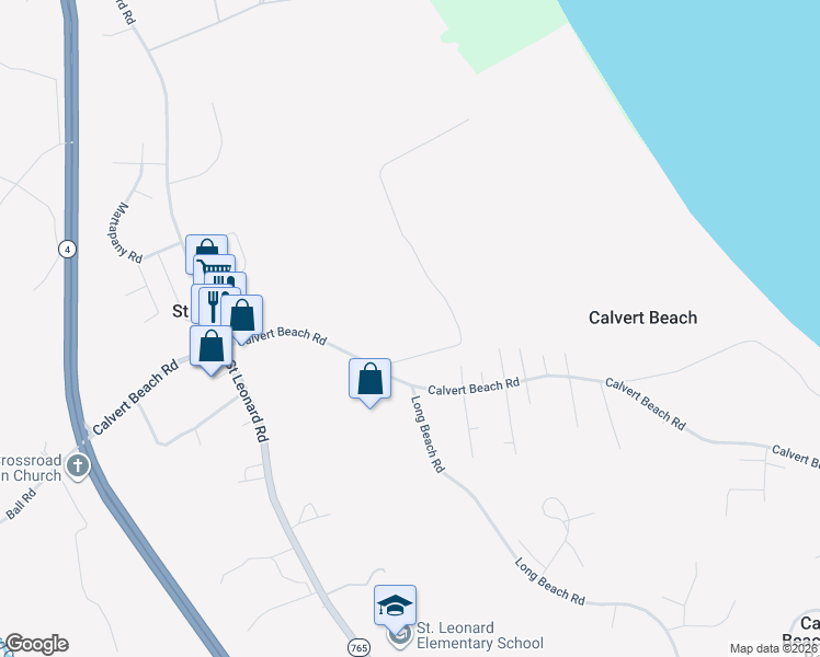 map of restaurants, bars, coffee shops, grocery stores, and more near 860 Calvert Beach Road in Saint Leonard