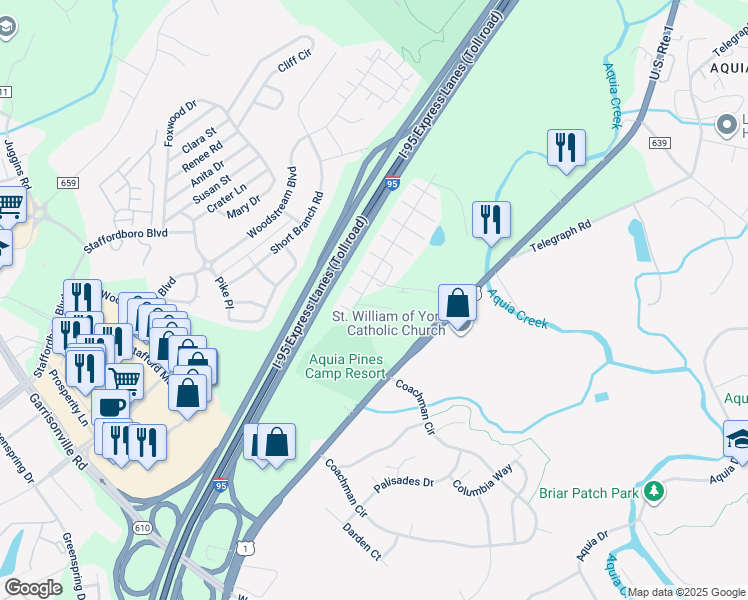 map of restaurants, bars, coffee shops, grocery stores, and more near 109 Breakers Edge Court in Stafford
