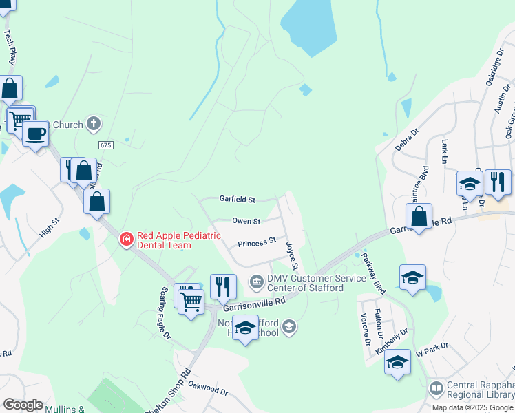 map of restaurants, bars, coffee shops, grocery stores, and more near 24 Garfield Street in Stafford
