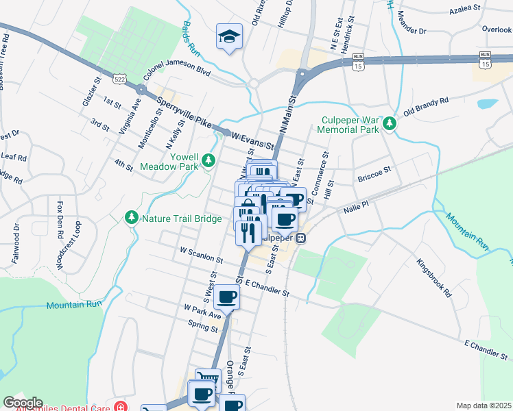 map of restaurants, bars, coffee shops, grocery stores, and more near 128 North Main Street in Culpeper