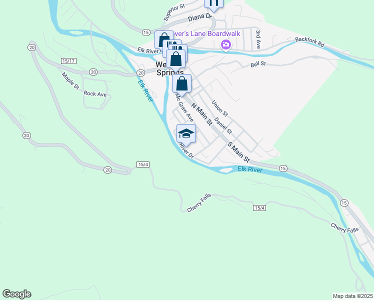 map of restaurants, bars, coffee shops, grocery stores, and more near 318 River Drive in Webster Springs