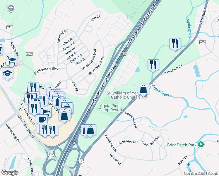 map of restaurants, bars, coffee shops, grocery stores, and more near 110 Coral Reef Court in Stafford