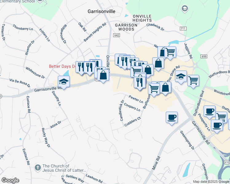 map of restaurants, bars, coffee shops, grocery stores, and more near 131 Pewter Lane in Stafford
