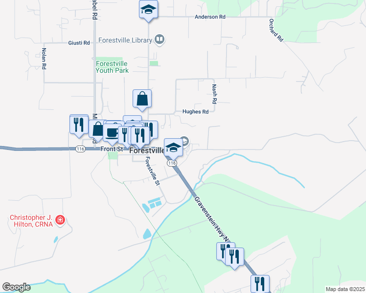 map of restaurants, bars, coffee shops, grocery stores, and more near 6321 California 116 in Forestville