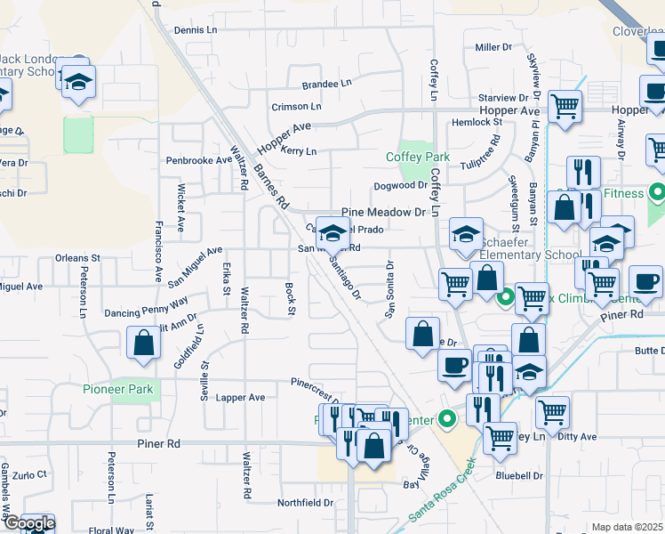 map of restaurants, bars, coffee shops, grocery stores, and more near 3485 Santiago Drive in Santa Rosa