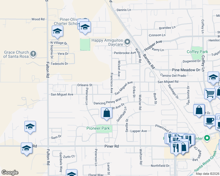 map of restaurants, bars, coffee shops, grocery stores, and more near 2178 Francisco Avenue in Santa Rosa