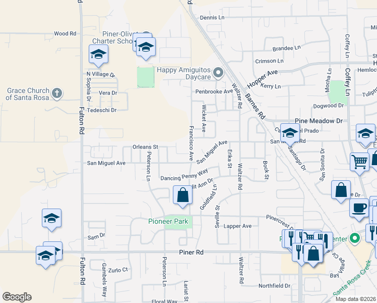 map of restaurants, bars, coffee shops, grocery stores, and more near 2178 Francisco Avenue in Santa Rosa