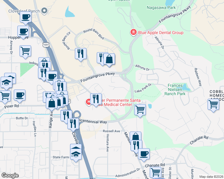 map of restaurants, bars, coffee shops, grocery stores, and more near 3498 Mendocino Avenue in Santa Rosa