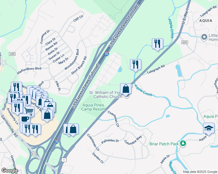 map of restaurants, bars, coffee shops, grocery stores, and more near 108 Mooring Court in Stafford