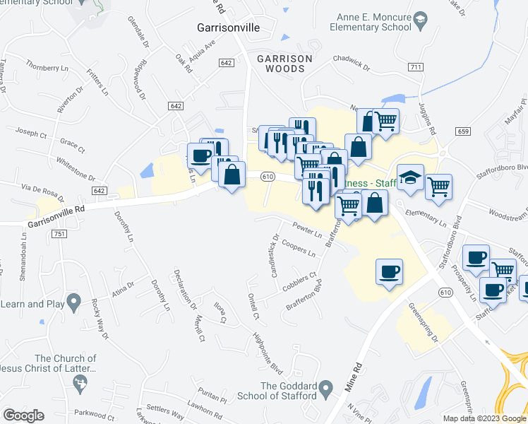 map of restaurants, bars, coffee shops, grocery stores, and more near 129 Pewter Lane in Stafford