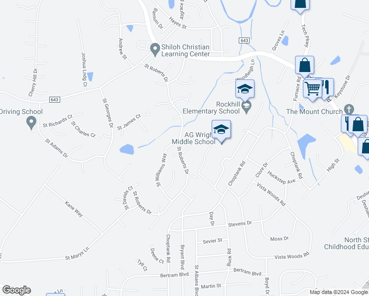 map of restaurants, bars, coffee shops, grocery stores, and more near 3 Saint Lisas Court in Stafford