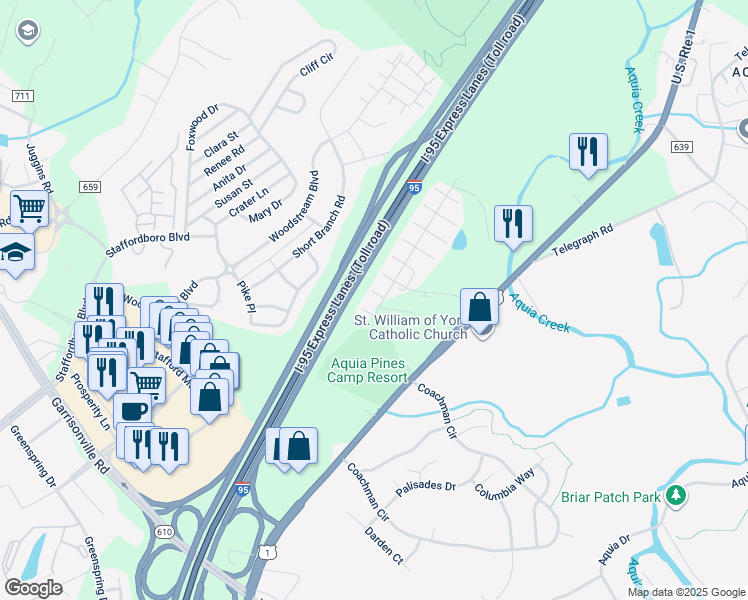 map of restaurants, bars, coffee shops, grocery stores, and more near 105 Sandpiper Terrace in Stafford