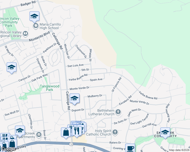 map of restaurants, bars, coffee shops, grocery stores, and more near 5408 Yerba Buena Road in Santa Rosa