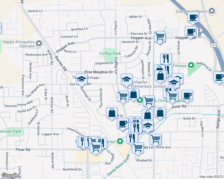 map of restaurants, bars, coffee shops, grocery stores, and more near 1815 Walnut Creek Court in Santa Rosa