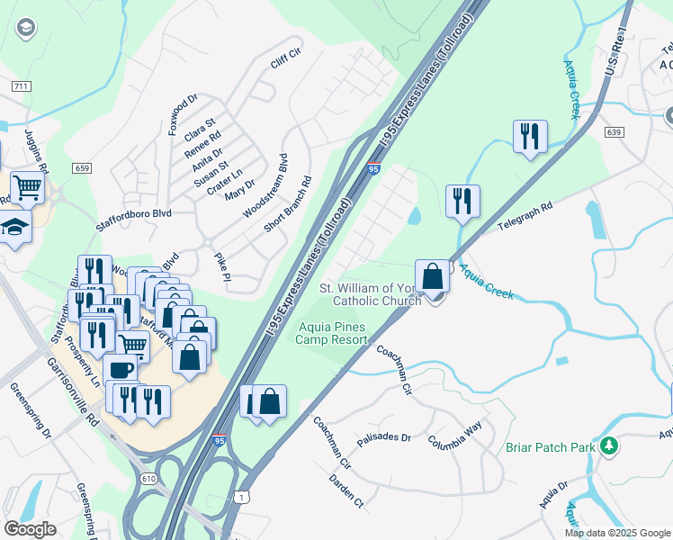 map of restaurants, bars, coffee shops, grocery stores, and more near 105 Sandpiper Terrace in Stafford