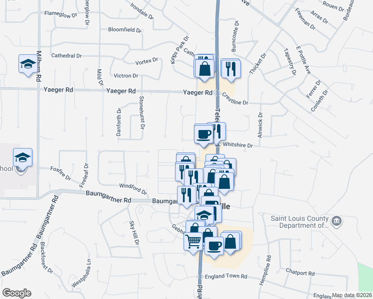 map of restaurants, bars, coffee shops, grocery stores, and more near 2562 Coppergate Square Drive in St. Louis