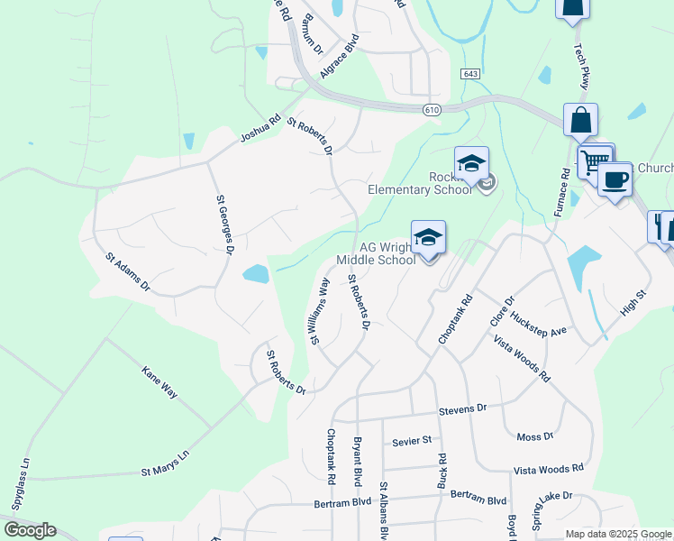 map of restaurants, bars, coffee shops, grocery stores, and more near 5 Saint Williams Way in Stafford