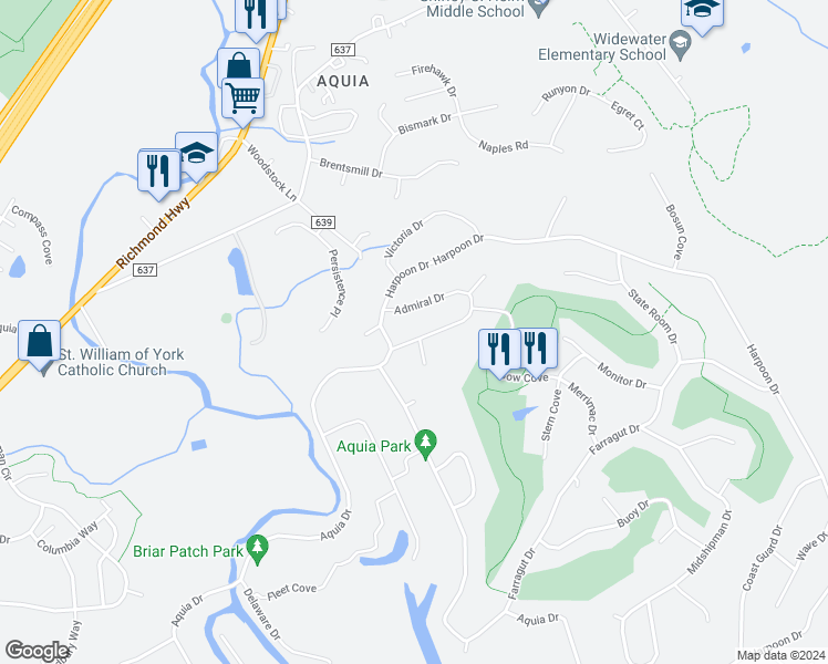 map of restaurants, bars, coffee shops, grocery stores, and more near 2004 Admiral Drive in Stafford