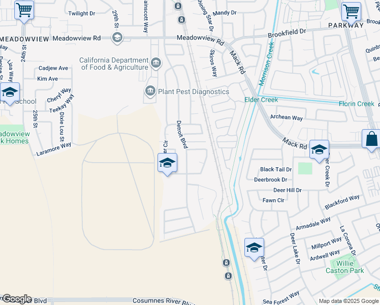 map of restaurants, bars, coffee shops, grocery stores, and more near 3600 Fallis Circle in Sacramento