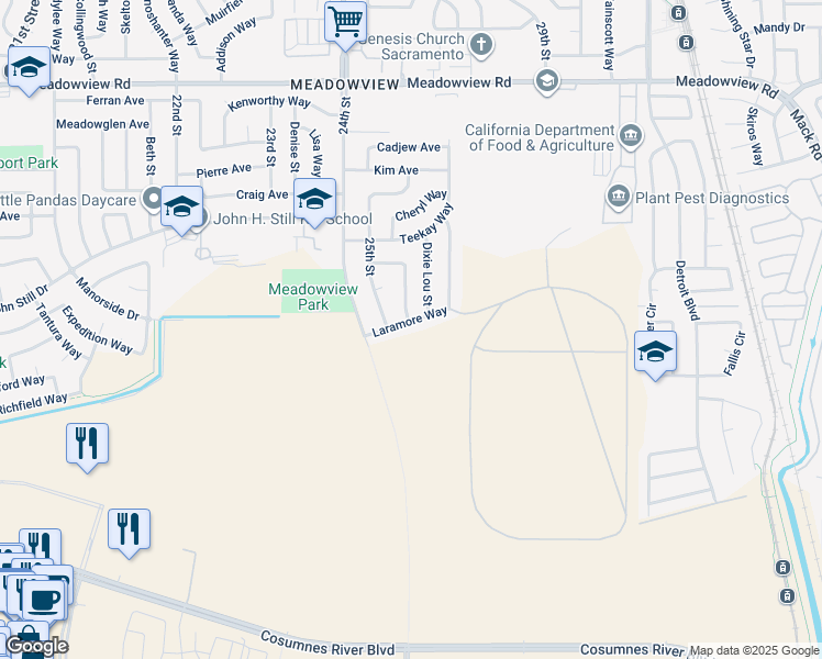 map of restaurants, bars, coffee shops, grocery stores, and more near 7785 Laramore Way in Sacramento