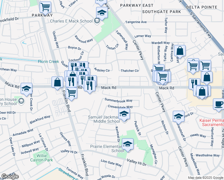 map of restaurants, bars, coffee shops, grocery stores, and more near 4960 Mack Road in Sacramento