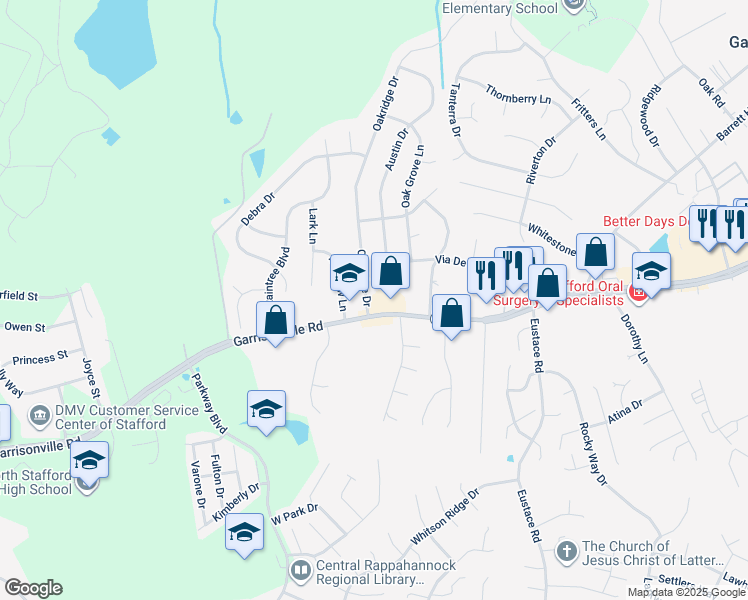 map of restaurants, bars, coffee shops, grocery stores, and more near 103 Oakridge Drive in Stafford