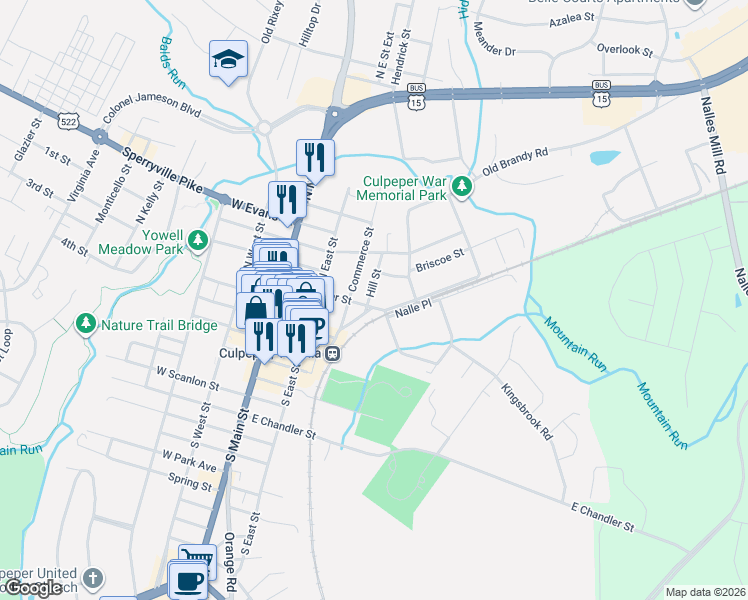 map of restaurants, bars, coffee shops, grocery stores, and more near 402 East Spencer Street in Culpeper