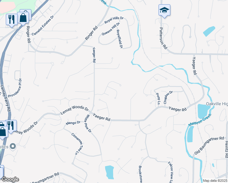 map of restaurants, bars, coffee shops, grocery stores, and more near 5407 Chardonnay Way Court in St. Louis