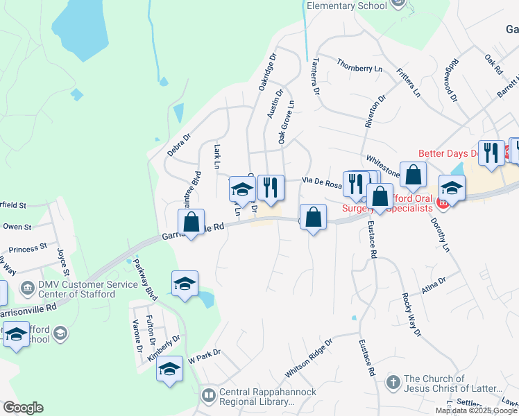 map of restaurants, bars, coffee shops, grocery stores, and more near 103 Oakridge Drive in Stafford