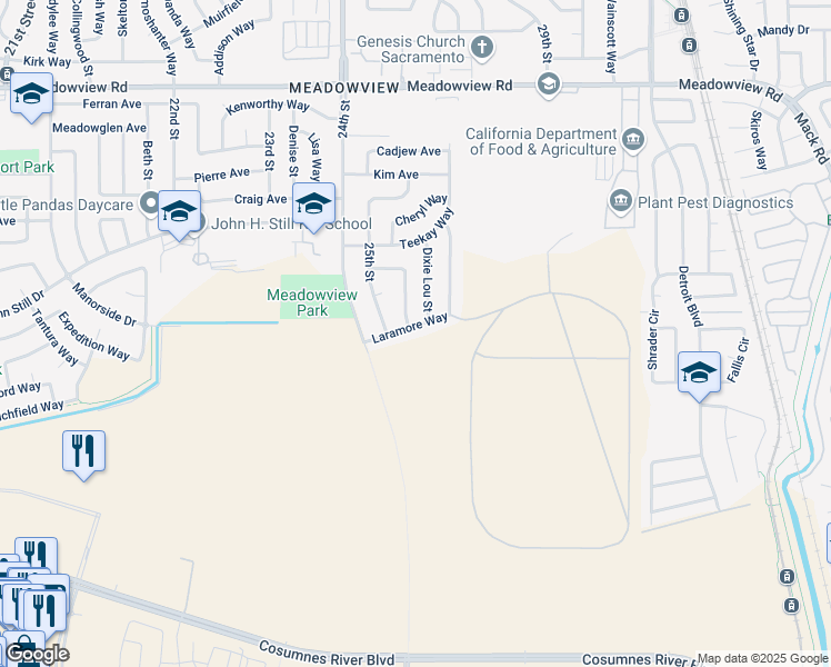 map of restaurants, bars, coffee shops, grocery stores, and more near 7785 Laramore Way in Sacramento