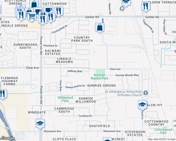 map of restaurants, bars, coffee shops, grocery stores, and more near 7835 Shellbrook Court in Sacramento