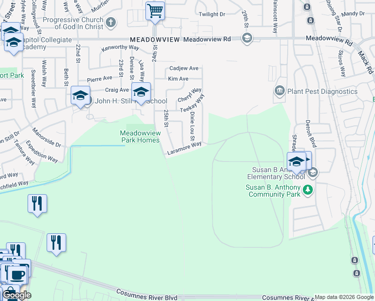 map of restaurants, bars, coffee shops, grocery stores, and more near 7785 Laramore Way in Sacramento
