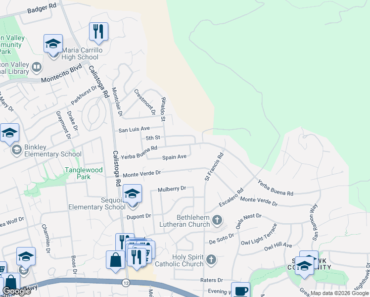 map of restaurants, bars, coffee shops, grocery stores, and more near 5413 Spain Avenue in Santa Rosa