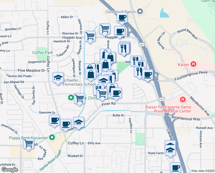 map of restaurants, bars, coffee shops, grocery stores, and more near 1020 Center Drive in Santa Rosa